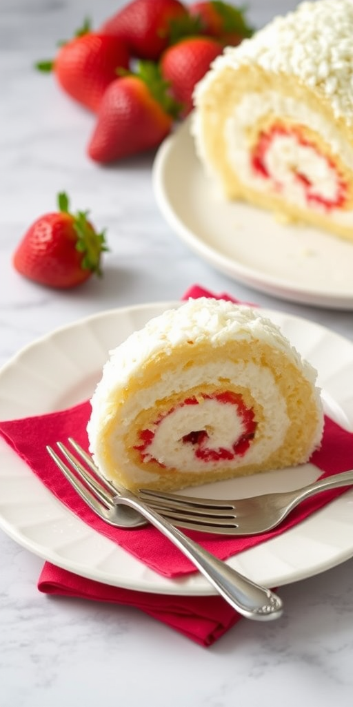 A slice of coconut roll cake on a white plate with a silver fork beside it on a red napkin, fresh strawberries in the background, and a marble countertop.