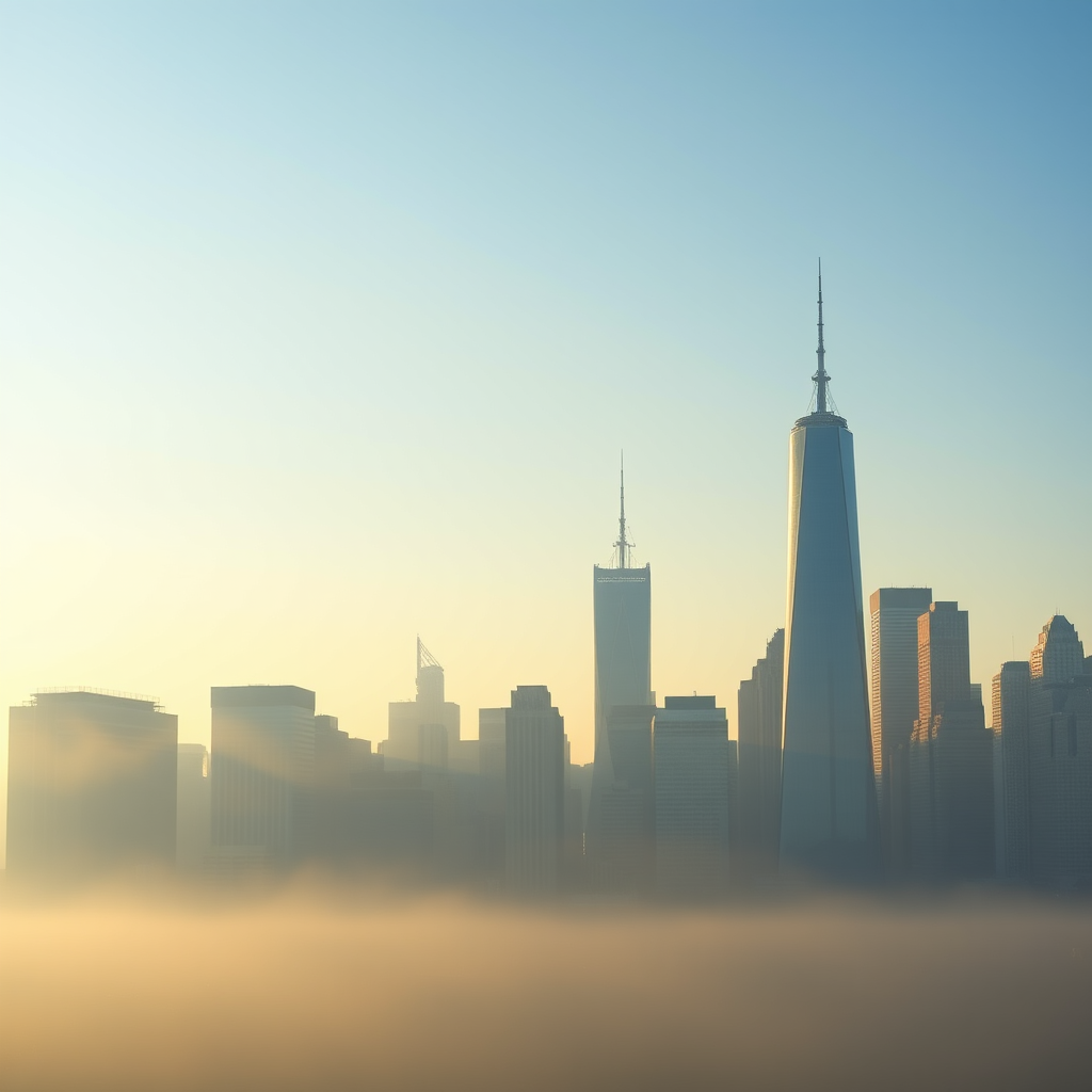 Generate a high-resolution image of a city skyline at dawn with a soft blue gradient background, using a Canon EOS R5 camera, 50mm lens, aperture f/8, shutter speed 1/125s, ISO 100, shot from a low angle to capture the silhouettes of skyscrapers in a foggy atmosphere.