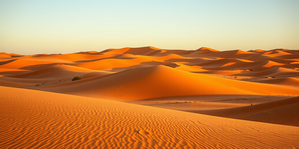 desert landscape with rolling orange sand dunes and a clear sky, golden hour lighting, ISO 100, f/11 aperture, 24mm lens, wide-angle view, DSLR camera