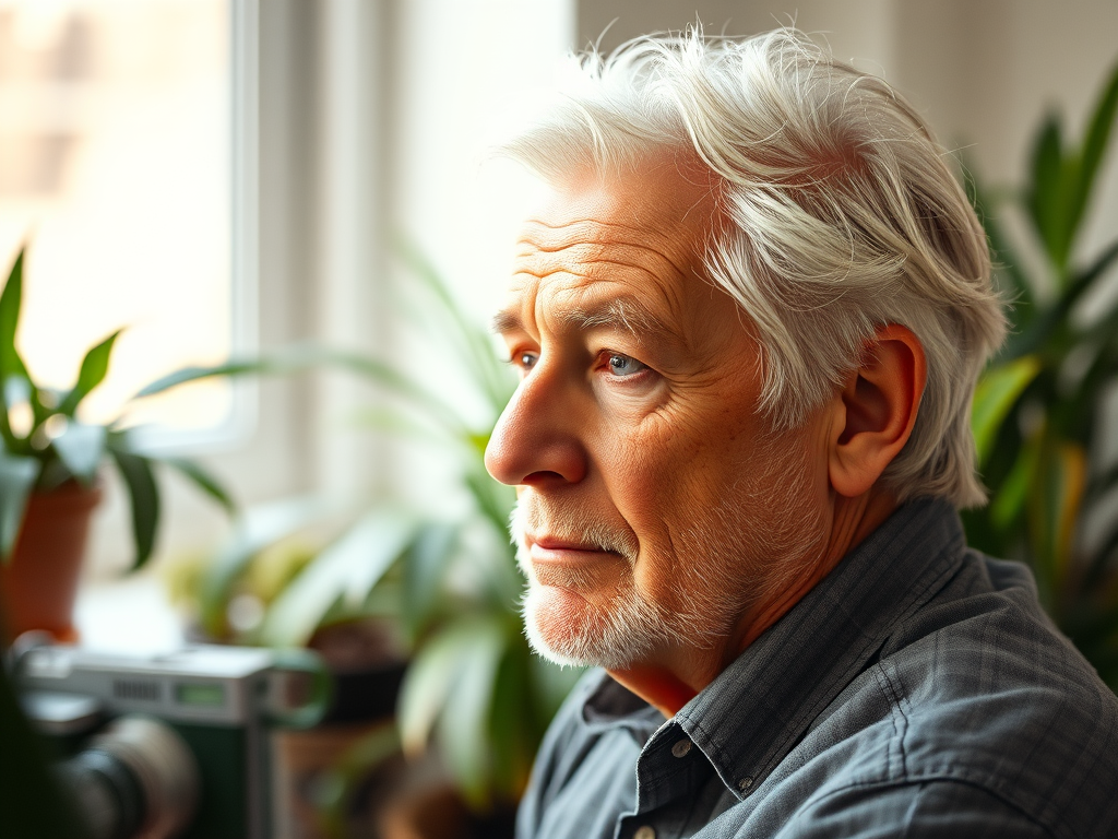 Create an image of a contemplative elderly man with silver hair, slightly turned to the side, in a soft-focus background featuring houseplants, using a DSLR camera with an aperture of f/2.8, a shutter speed of 1/60s, ISO 200, in portrait mode for a warm, textured aesthetic.