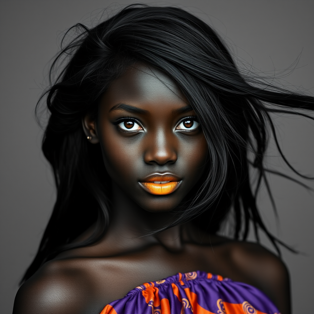 Photographic image of a beautiful young Oromo woman, cyan eyes, lips with Yellow lipstick, long hair fluttering in the wind and wearing a silk strapless dress with a soft purple and orange print. monochrome image with only color highlights in the iris of the eyes, lipstick and dress. Gray background.