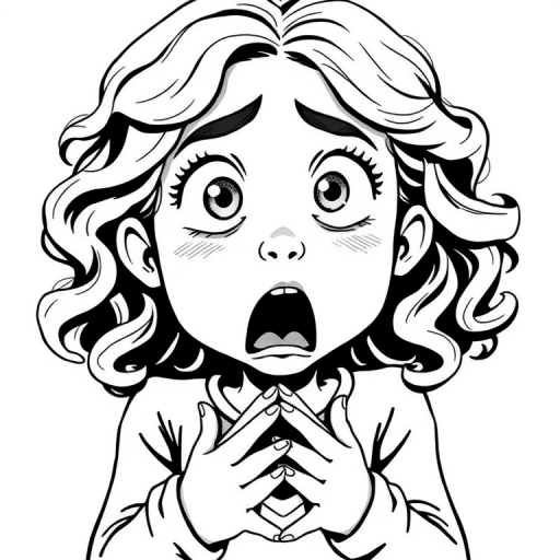 The image is a black and white illustration of a young girl with curly hair. She has a surprised expression on her face with her mouth open and her hands clasped together in front of her chest. Her eyes are wide and her eyebrows are furrowed. Her hair is styled in loose curls that are cascading down her back. The overall mood of the image is one of shock or surprise.