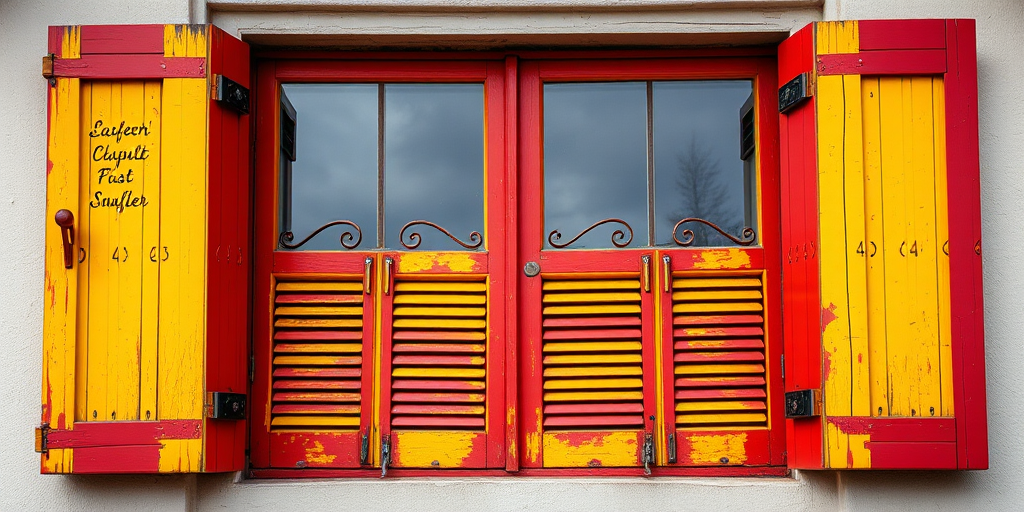 Regenerate the image of a colorful window with red and yellow shutters open, captured with a DSLR camera at f/11, ISO 100, 1/250 sec, using a wide-angle lens from a viewpoint at eye level in natural daylight for enhanced clarity and vibrancy.