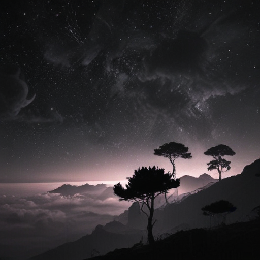 Majestic Silhouettes of Trees Against a Starry Night Sky Over Mountains