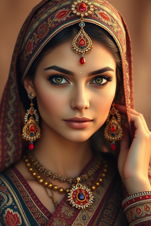 Create a portrait of a beautiful woman with striking hazel eyes and a gentle expression. She is adorned in traditional attire with intricate patterns, including a richly embroidered headscarf and matching garments. Her jewelry includes a delicate headpiece, dangling earrings, and ornate bracelets, all featuring vibrant gemstones and detailed metalwork. The background is soft and warm, enhancing the rich colors of her outfit and jewelry.