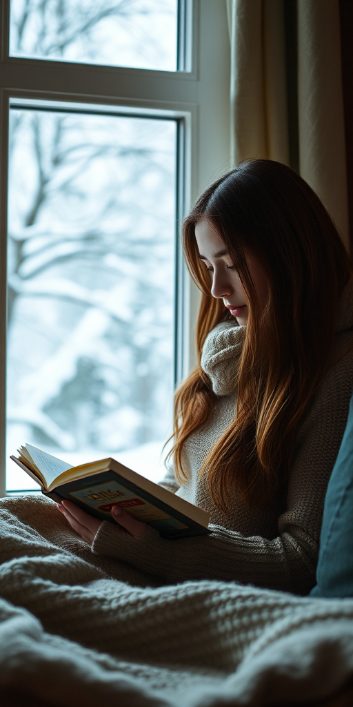 A cozy indoor scene featuring a young woman reading a book in a well-lit room with a window showcasing a snowy landscape, using a soft focus lens with a shallow depth of field, ISO 100, aperture f/2.8, 50mm lens, warm color tones, and natural lighting to enhance details and ambiance.