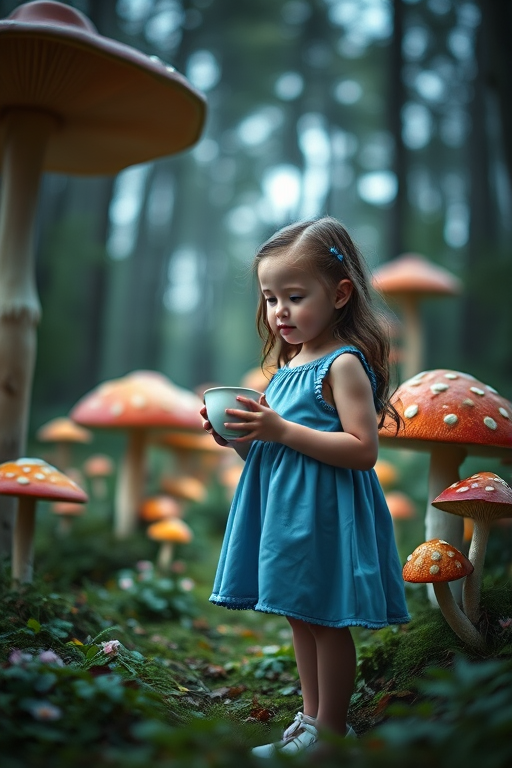 A young girl in a blue dress holding a teacup stands in a whimsical forest filled with oversized, colorful mushrooms, soft diffused lighting, 50mm lens, f/1.8 aperture, ISO 200, shot at dusk, cinematic style, shallow depth of field to enhance the background blur.