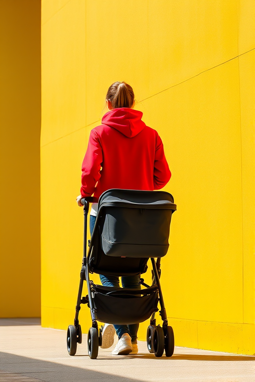Generate an image of a woman in a red hoodie walking with a black baby stroller along a yellow wall in bright daylight, using a DSLR camera with a 50mm lens, aperture f/1.8, ISO 100, and a shallow depth of field for a soft background blur.