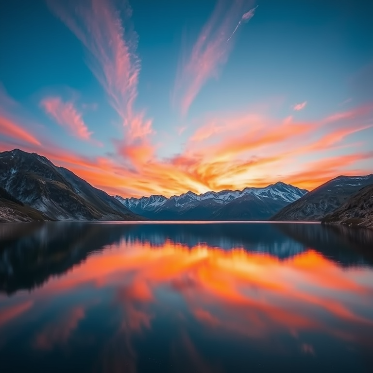 Create a high-resolution image of a serene mountain landscape at sunrise with vibrant colors in the sky and reflections on a calm lake, shot with a DSLR camera using a 24mm lens, aperture f/8, ISO 100, and a slow shutter speed of 1/4 second, in an awe-inspiring panoramic view.