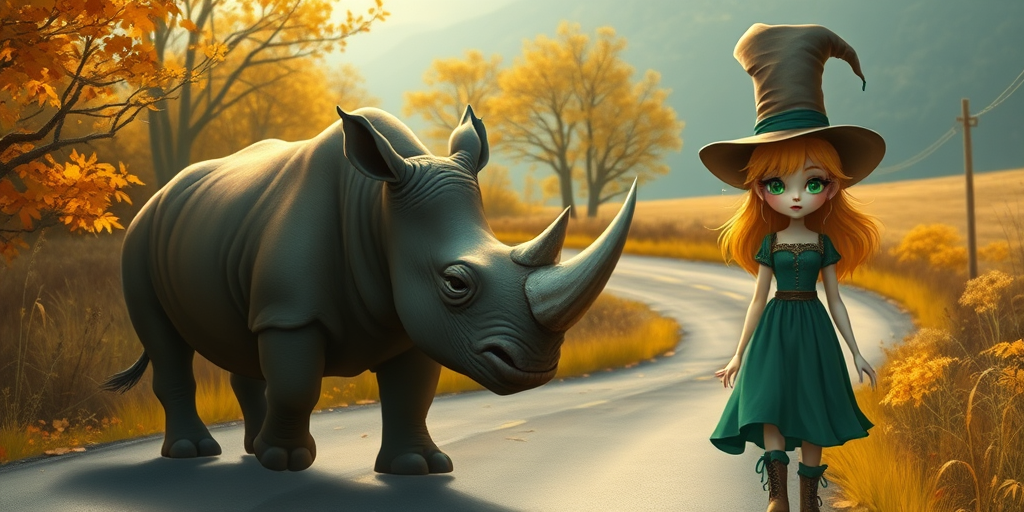 digital art fantasy depicting a strange girl with Yellow hair, long eyelashes, green lipstick and a tall hat walking along a winding road on an autumn afternoon, an Rhinoceros smiles as she passes