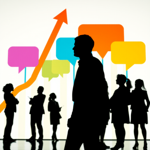 Generate an image of diverse business professionals in silhouette against a backdrop of upward-pointing arrows and colorful speech bubbles, using a wide-angle lens, f/8 aperture, 1/250 shutter speed, natural lighting, and a high-resolution digital camera.