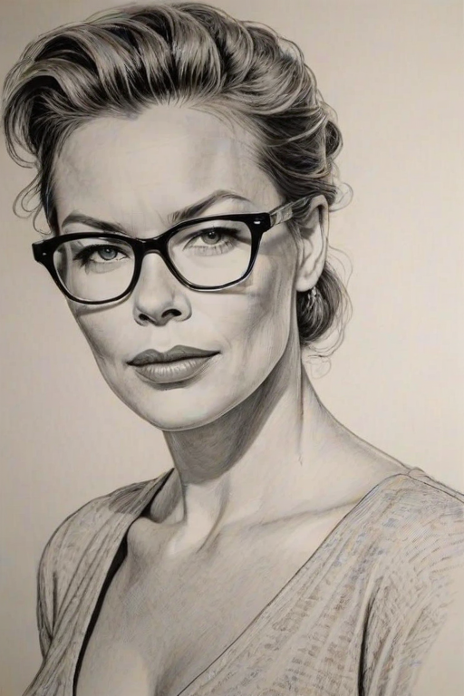 Lovely Connie Nielsen, pencil sketch, portrait of Dazzling woman 1957s in glasses, hair style beatnik, outline, clear lines, fine lines, 8k