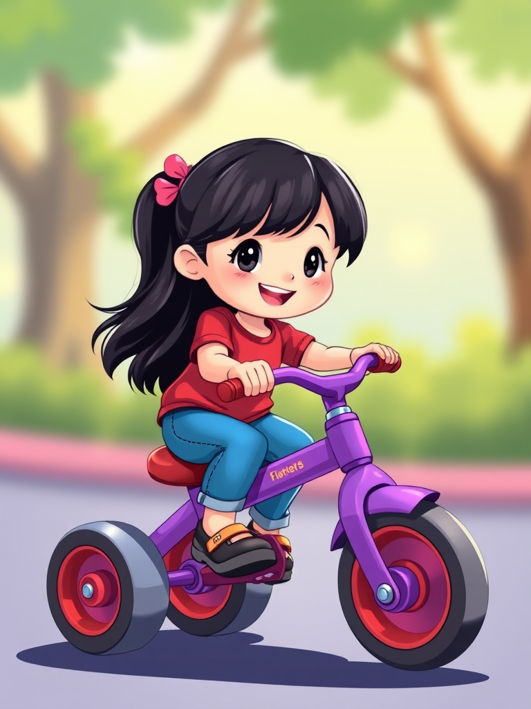Create a vibrant illustration of a young girl with black hair riding a purple tricycle, wearing a red shirt and blue pants, with a playful expression, using digital art style with high resolution, soft lighting, and vibrant colors for better image quality.