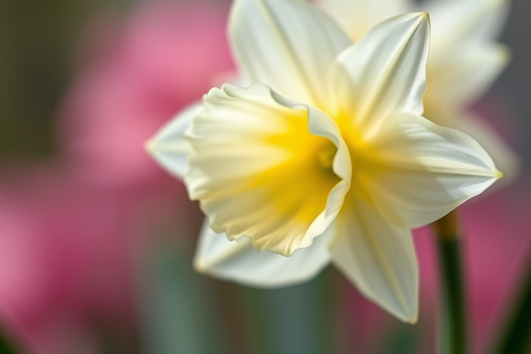 Create an image of a delicate white daffodil with soft pink hues in the background, captured with a DSLR camera at f/2.8 aperture, 50mm lens, ISO 100, in macro view, using a shallow depth of field for enhanced detail and a painterly effect.