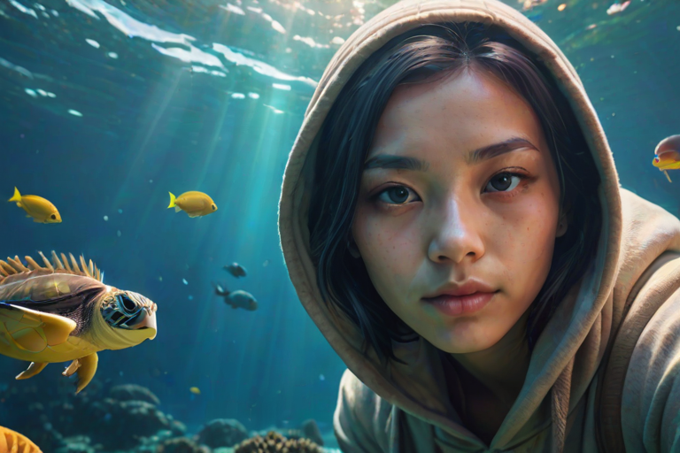 Realistic selfie image of a Asian, wearing a vintage outfit, detailed dreamy eyes, droopy hooded eyes, staring at the camera, taken underwater at coral reef with a sunbeam filtering through the water, vibrant, summer vacation, natural lighting, turtle and school of tropical fish with vibrant colors, rendered in the style of CryEngine, Pegi Nicol MacLeod, with realistic genre scenes, hauntingly beautiful narratives, ultra-realism, and Thomas Saliot's close-up technique, 8K resolution, crystal clear and sparkling water.