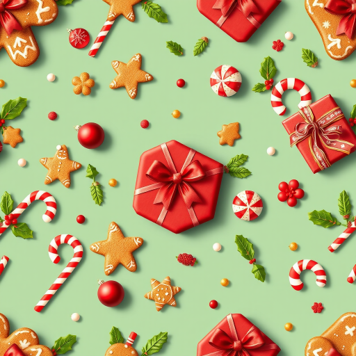 create a seamless pattern of festive Christmas elements including gingerbread cookies, presents, ornaments, candy canes, and holly leaves with bright and vibrant colors, high-resolution 300 DPI, taken with a Canon EOS 5D Mark IV, 50mm lens, f/4 aperture, natural lighting, top-down view for enhanced depth and detail