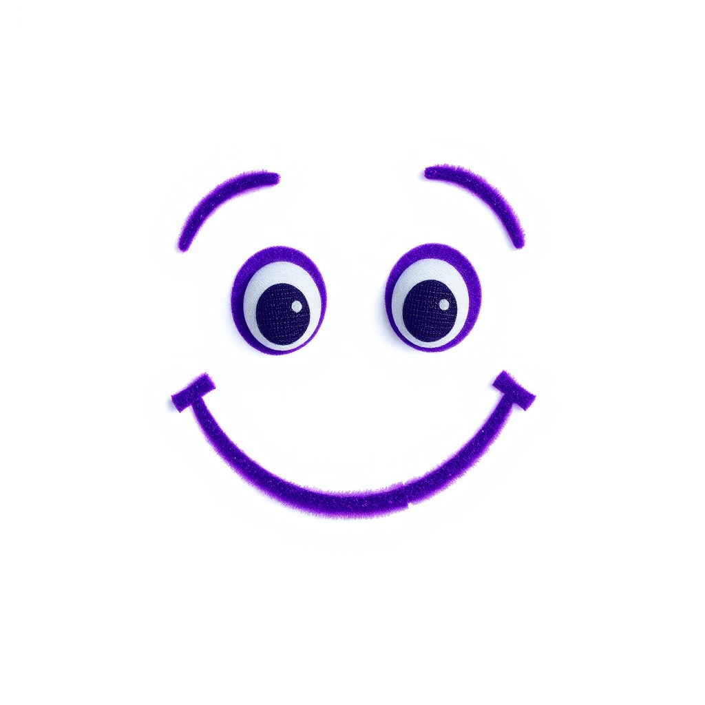 Create a vibrant purple smiley face with large expressive eyes, centered on a white background, captured with a DSLR camera at f/2.8 aperture, ISO 100, and 50mm lens, using a shallow depth of field for a soft background blur.