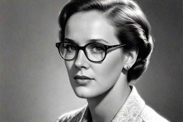 Dazzling Julie Andrews, pencil sketch, portrait of Wonderful woman 1945s in glasses, hair style beatnik, outline, clear lines, fine lines, 8k
