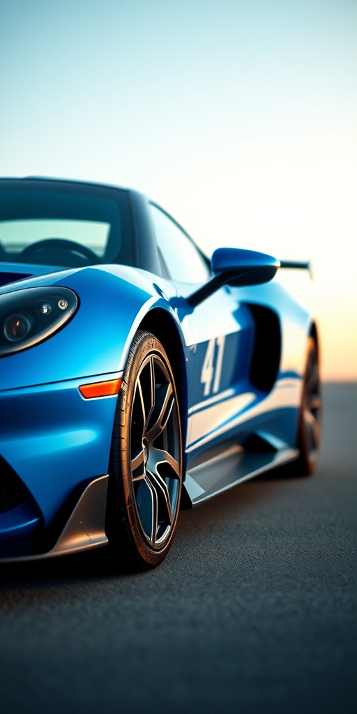 regenerate a hyper-realistic image of a blue sports car with white racing stripes, side angle view, 50mm lens, f/1.8 aperture, ISO 100, soft natural lighting with a gradient background to enhance details and reflections