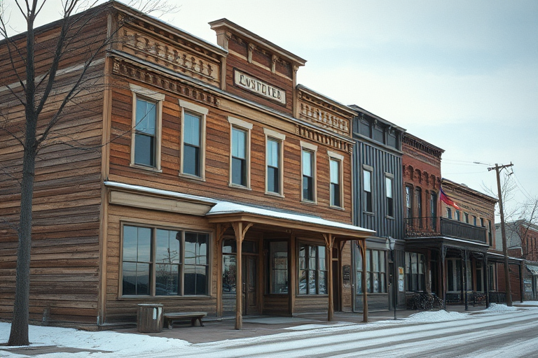 regenerate an image of an old western-style building with wooden facade and rustic charm during winter, captured with a DSLR camera at a focal length of 35mm, aperture f/8, ISO 200, in soft natural lighting, with a slight desaturated color palette and a vintage film style effect to enhance texture and mood.