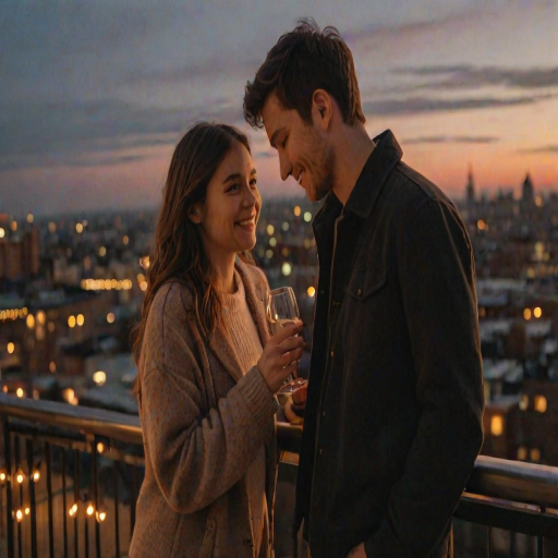 Warmly lit photo, a young couple standing on a rooftop at dusk, city lights twinkling below them, she's leaning on the railing, he's standing close, softly smiling, string lights hanging above them, a bottle of wine on a small table beside them, sunset colors still visible on the horizon.