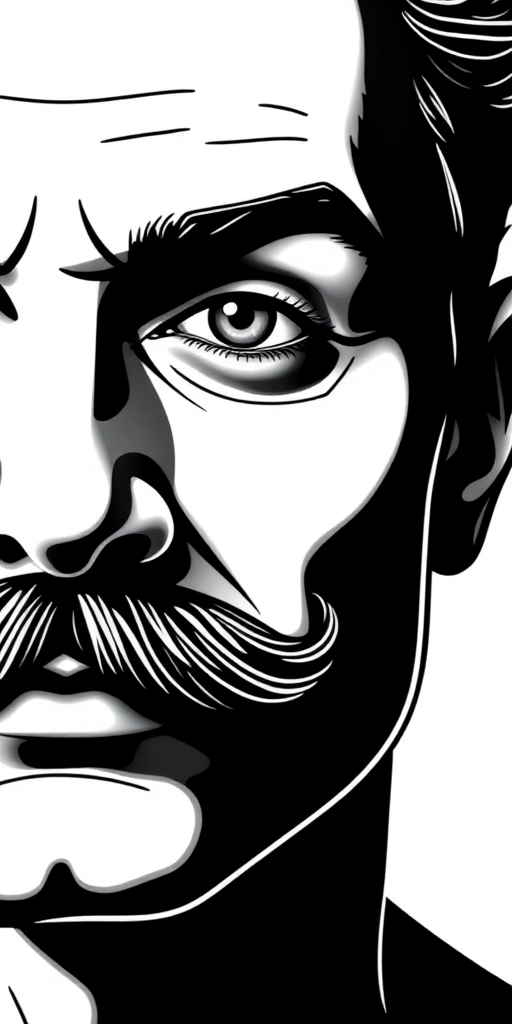 Create a high-contrast line art image of a face with a prominent mustache, using a DSLR camera with a 50mm lens, aperture set to f/2.8, ISO 100, and a shallow depth of field to enhance detail and quality.