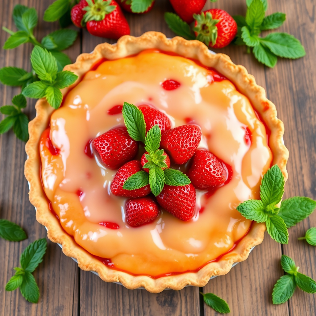 Create an image of a delicious strawberry pie with a golden crust topped with fresh strawberries and a glossy glaze surrounded by green mint leaves on a rustic wooden table.