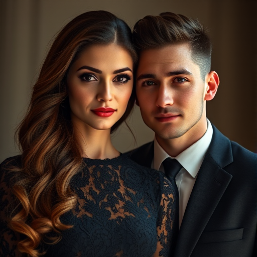 A portrait of a couple in formal attire, the woman with long, wavy hair and a detailed black lace dress, the man with short, styled hair in a dark suit and tie, soft lighting for dramatic effect, shallow depth of field, taken with a DSLR camera, 85mm lens, f/1.8 aperture, ISO 100, 1/200 second shutter speed.