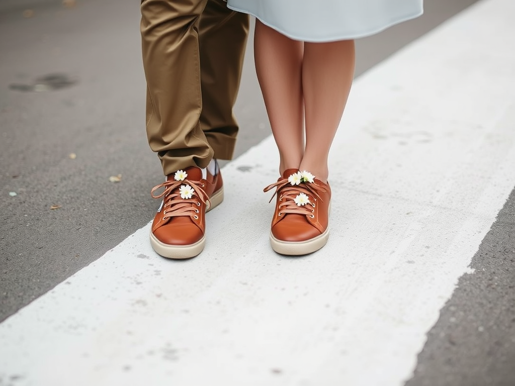 Couple standing on a crosswalk wearing brown sneakers with small white flowers in each shoe, captured with a 50mm lens at f/2.8, ISO 200, using a DSLR camera with a shallow depth of field to enhance focus on the shoes and flowers.