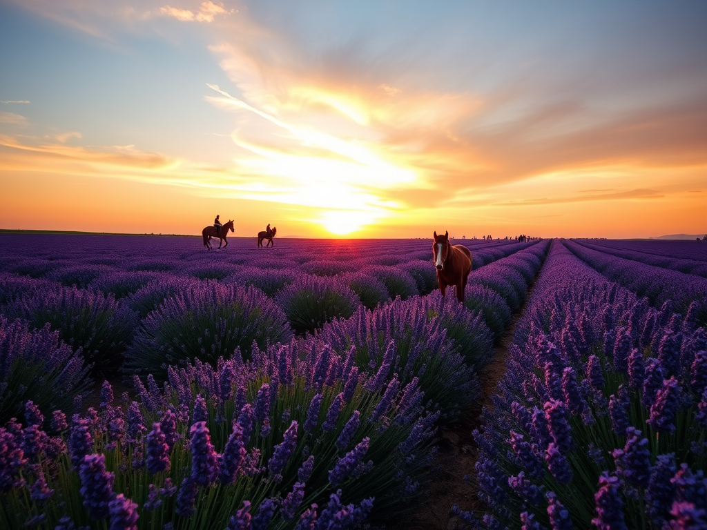 Create a vibrant landscape of lavender fields at sunset with horses walking through, include a wide-angle view, aperture f/8, ISO 100, shutter speed 1/200s, DSLR camera, and enhance colors for dramatic effect.