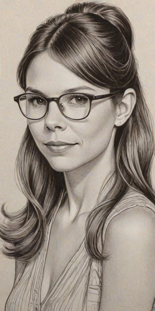 Enchanting Sutton Foster, pencil sketch, portrait of Charming woman 1974s in glasses, hair style beatnik, outline, clear lines, fine lines, 8k
