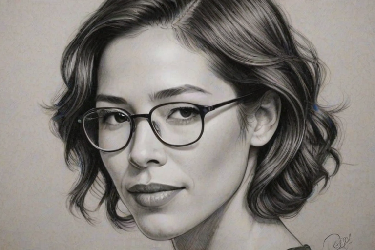Stunning Michaela Conlin, pencil sketch, portrait of Charming woman 1920s in glasses, hair style beatnik, outline, clear lines, fine lines, 8k