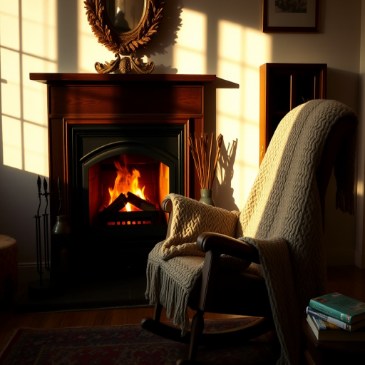 Warmly lit photo of a cozy living room with a crackling fireplace, soft light casting shadows on the walls, with a knitted blanket draped over a rocking chair and books on a side table.