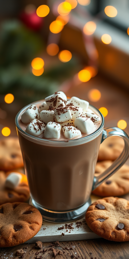 A cozy cup of hot chocolate topped with marshmallows and chocolate shavings, surrounded by cookies and warm fairy lights, shot with a DSLR camera at f/2.8 aperture, ISO 100, 50mm lens, natural light for a soft focus background and rich colors.