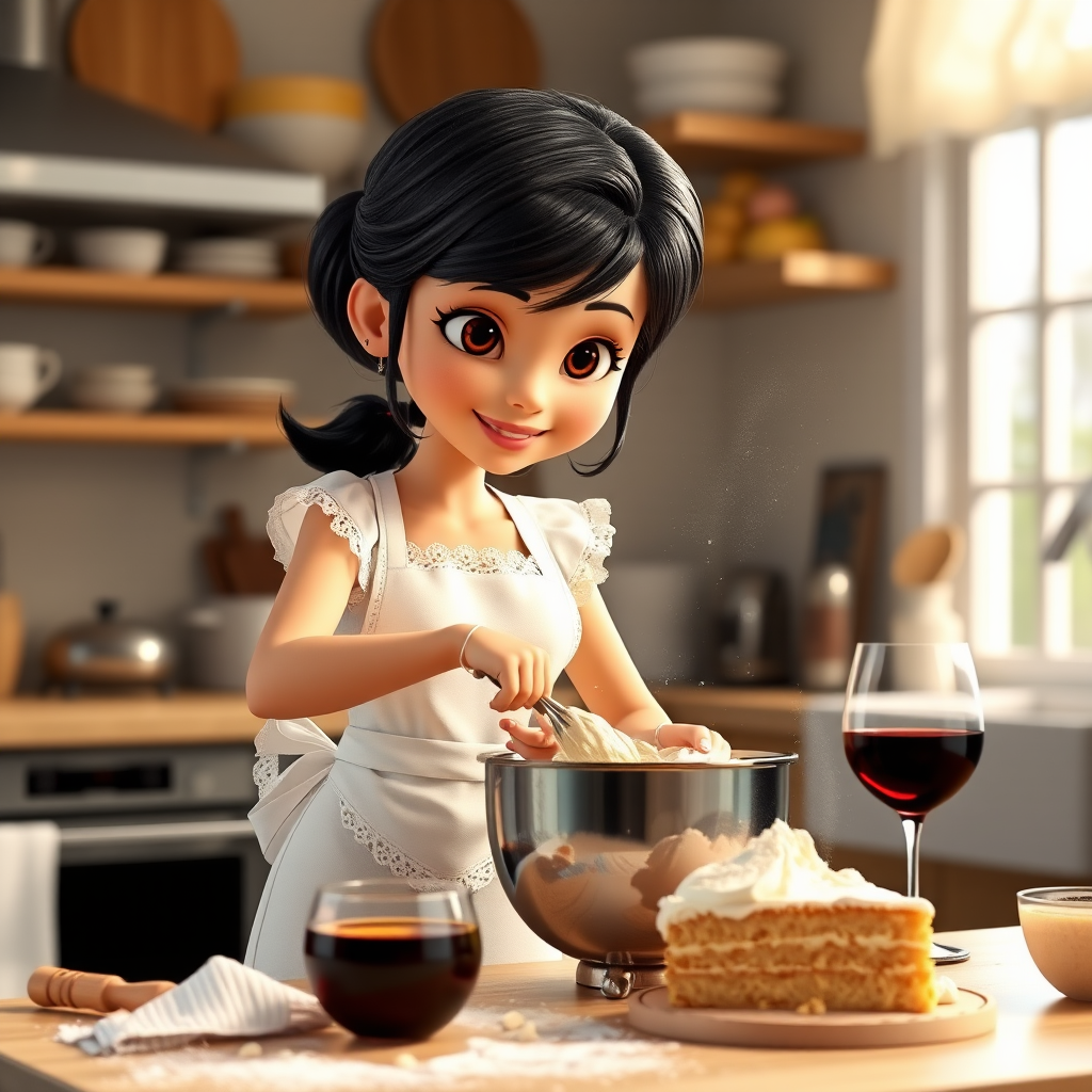 A Pixar-style CGI girl with black hair and black eyes wearing a white apron with lace stands in a kitchen and kneads cake batter. There is flour dust in the air, a glass of wine on the table and the cake ingredients are scattered around. 3D