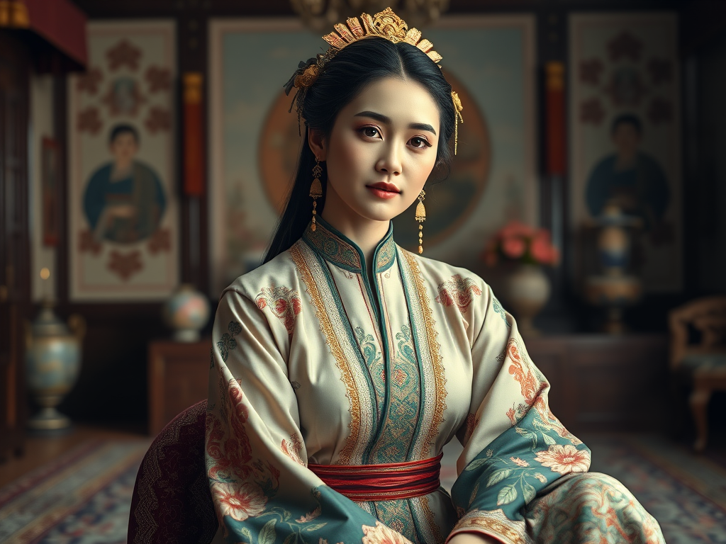 A beautiful Turkish woman in traditional East Asian attire, intricately detailed with embroidered patterns, sitting gracefully in a richly decorated room, soft ambient lighting, serene and elegant, ultra-realistic, 8K resolution