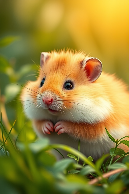 Create a highly detailed and adorable illustration of a cute, fluffy animal resembling a hamster, set in a lush green environment, with soft natural lighting, using a Canon EOS R5 camera at f/2.8 aperture, ISO 100, and a 50mm lens to achieve a shallow depth of field and a warm, golden hour glow.
