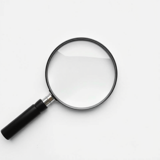 Create a minimalist vector image of a magnifying glass with a circular outline, featuring a sleek modern design, captured with a Canon EOS 5D Mark IV at f/8, ISO 100, 50mm lens, in a flat lay style with even lighting for clarity and detail.
