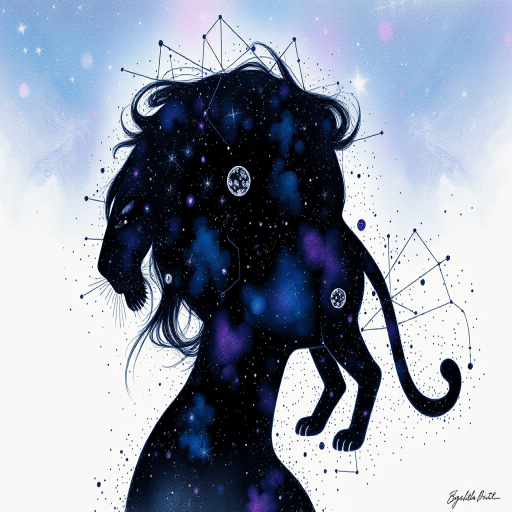 Captivating conceptual render alcohol ink art, double exposure, the paint strokes artfully merge combining a woman's full silhouette with a Sprightly serval's silhouette. The figures are composed of a series of colored dots, lines & spots that evoke the image of a cosmic galaxy, colors are deep shades of blue purple & black with flashes of white & silver representing distant stars. The woman's silhouette is formed within the lion's silhouette from constellations of scattered stars, surreal