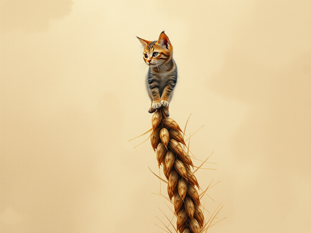 Soft, muted Alcohol Ink with ebru effect background image of tiny whimsical cat, who climbed high on the top of a golden rye ear.