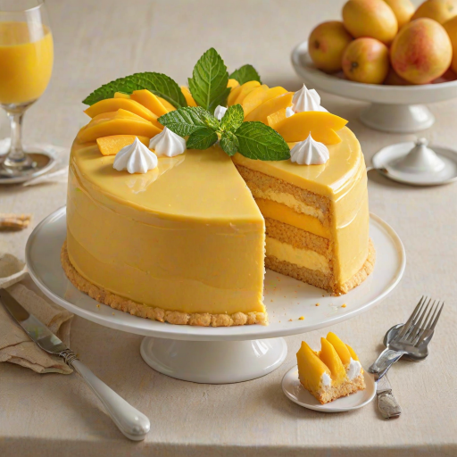 Create an image of a vibrant mango mousse cake. The cake should have a smooth, glossy mango glaze on top, with a layer of fluffy white mousse. Surround the cake with ladyfinger cookies and garnish with fresh mint leaves and pieces of diced mango. Display a slice of the cake on a plate, showcasing the creamy texture and layers inside. The background should be a bright, cheerful blue to enhance the tropical feel.