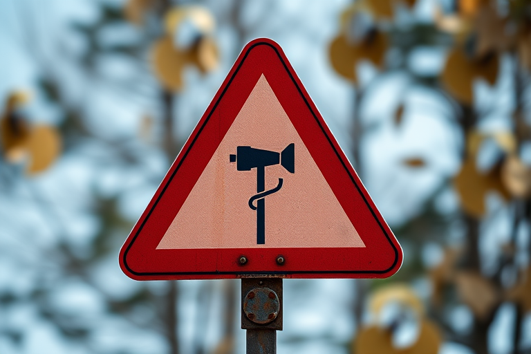 Create a high-resolution image of a red triangular caution sign depicting a windsock, using a DSLR camera with a 50mm lens, aperture set to f/8, ISO 100, in bright daylight, with a slight vignette for depth.