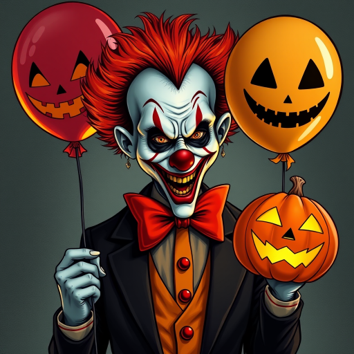Illustrate a sinister clown with bright orange hair and a dark, menacing smile. The clown is holding a spooky jack-o'-lantern balloon and a carved pumpkin. Dress the clown in a formal suit with a large red bow tie to enhance the eerie Halloween ambiance. Aim for a chilling, unsettling style that captures the essence of Halloween horror.