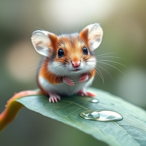 A watercolor illustration of a cute mouse sitting on a leaf with drops of water, soft focus background, high dynamic range, Canon EOS R5, 50mm f/1.2 lens, aperture f/2.8, ISO 100, natural light, macro view.