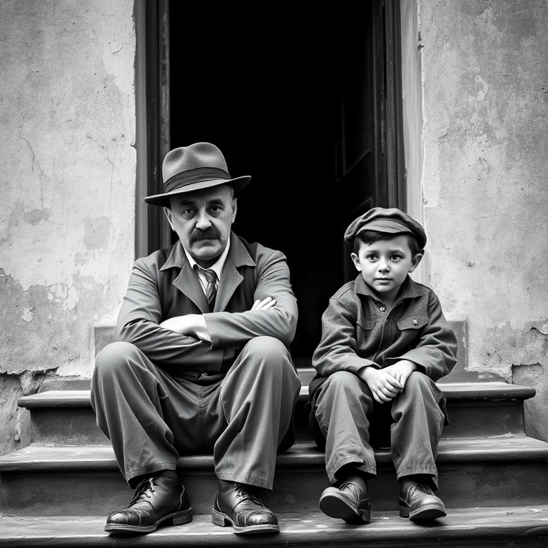 A black-and-white photograph of a man and a child sitting on steps in front of a doorway. The man is dressed as a tramp with a bowler hat, mustache, and ragged clothes, reminiscent of Charlie Chaplin's iconic look. He is sitting with his arms crossed and an expression of slight sadness or frustration. Next to him is a young boy, also in worn clothes and a cap, sitting with his hands clasped, looking thoughtful. The background is an old, textured wall and a partially open door, creating a vintage, early 20th-century atmosphere.