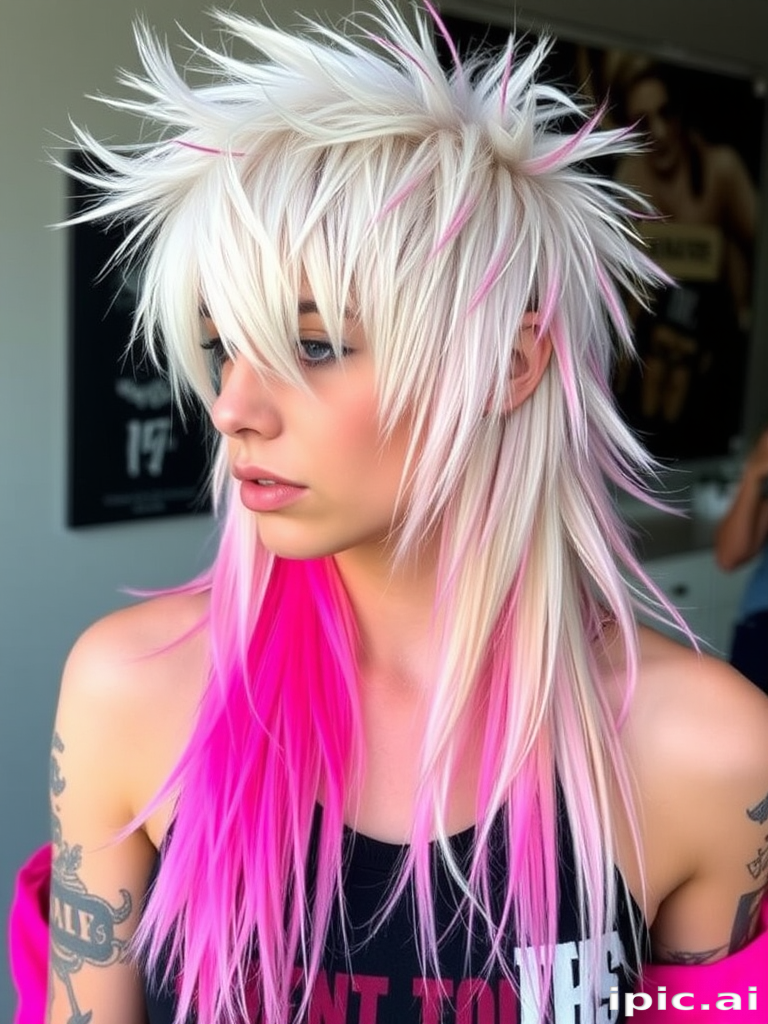 Edgy platinum blonde mullet with neon pink roots and choppy layers, styled in a tousled and textured manner for a modern punk rock vibe