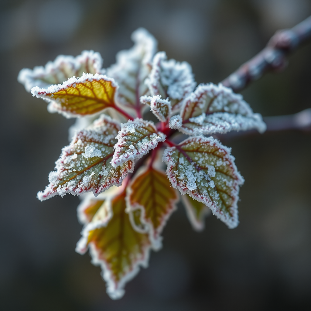 Frost-covered leaves on a branch, close-up shot, f/4 aperture, ISO 100, 1/200 sec shutter speed, macro lens, natural light, DSLR camera.
