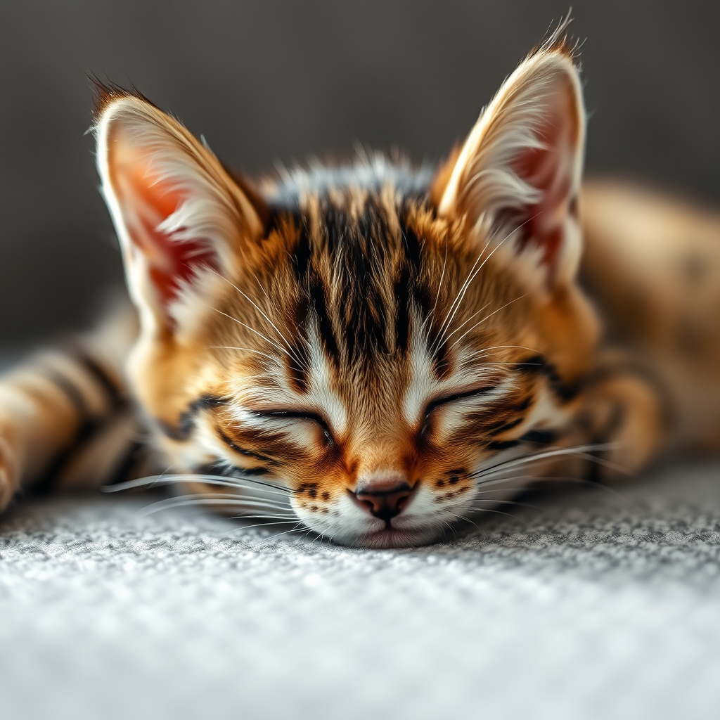 a close-up shot of a sleepy tabby kitten lying on a textured gray surface, soft natural lighting, aperture f/2.8, ISO 200, shutter speed 1/200s, DSLR camera, shallow depth of field, focus on the kitten's face