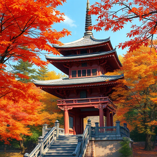 high-resolution digital illustration of a traditional pagoda surrounded by vibrant autumn foliage, shot at 50mm with an aperture of f/2.8 for a shallow depth of field, using a mirrorless camera with a wide-angle lens, soft natural lighting to enhance colors and details