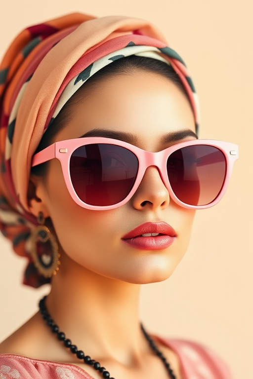 Create a high-resolution vector style illustration of a woman with a vintage aesthetic, wearing oversized pink sunglasses and a stylish headscarf, with a soft color palette and minimal background, captured with a Canon EOS R5, 85mm lens, f/1.8 aperture, and natural lighting for enhanced texture and detail.